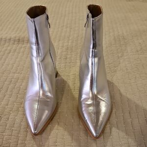 Silver Metallic Pointed Toe Ankle Booties - Women